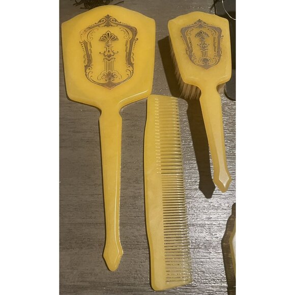 Vintage Yellow Celluloid Vanity Dresser Set With Mirror Brush Comb Nail Tools Po - Picture 4 of 12